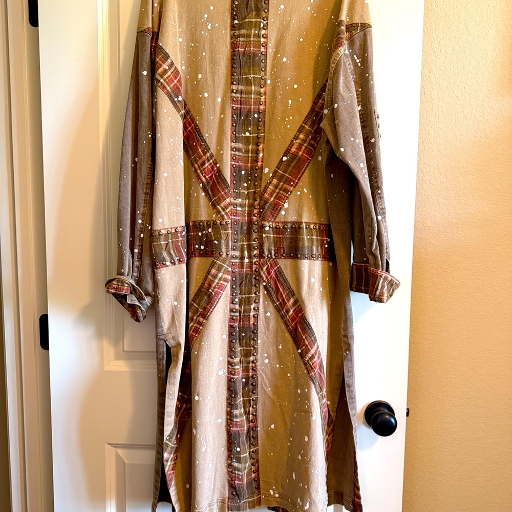 Oli & Hali Beige Plaid Mixed-Media Long Coat